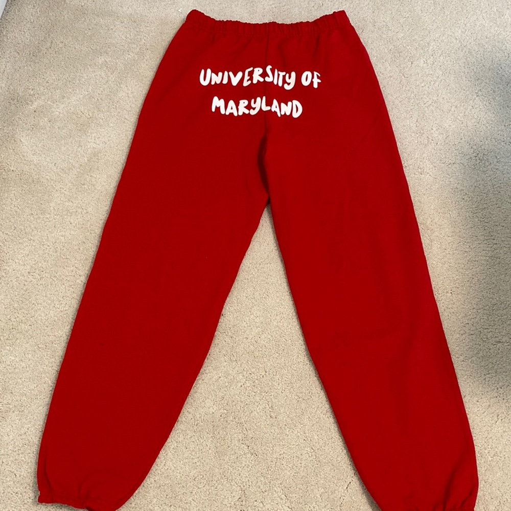 Red University of Maryland sweatpants with writing on front, unisex
